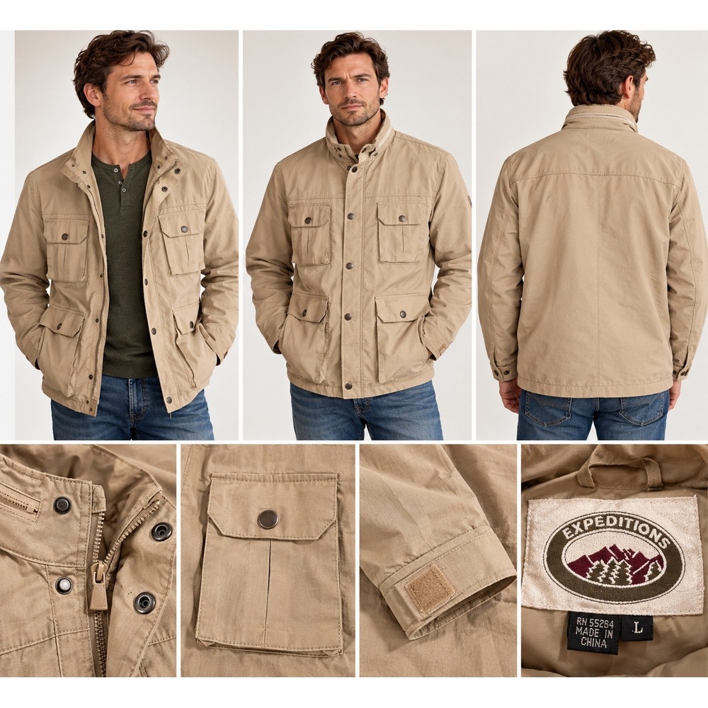 Expeditions Mens Tan Khaki Safari Field Jacket Multi Pocket Utility Size Large